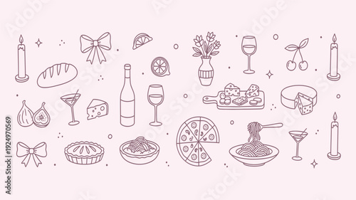 Italian themed elements including pasta, pizza, wine, cheese, candles, and fruit, creating a decorative pattern for culinary events, menus, or celebration designs