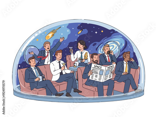 Business people relaxing and networking in a futuristic space lounge under a glass dome with a view of the cosmos and starry sky