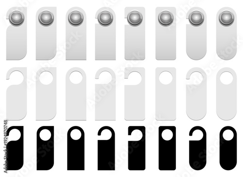 Various door hangers for privacy and information display in hotels or homes.