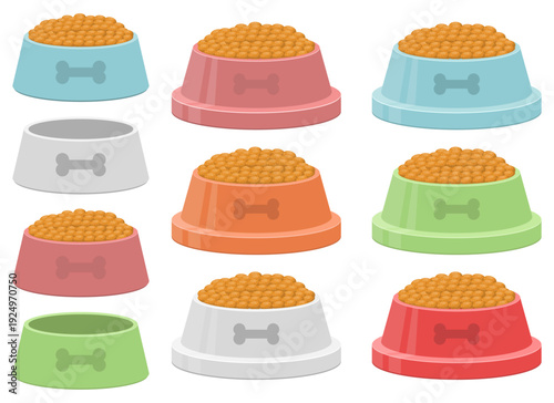 Collection of colorful pet food bowls, each filled with nutritious pellets.