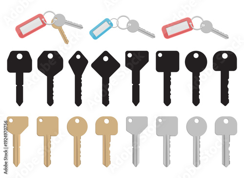 Collection of door and lock keys with different shapes and keychain tags.