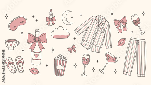 Set of hand drawn illustrations featuring sleepwear, a sleep mask, slippers, popcorn, drinks, a candle, and other cozy elements for a nighttime pajama, slumber party, or self-care theme
