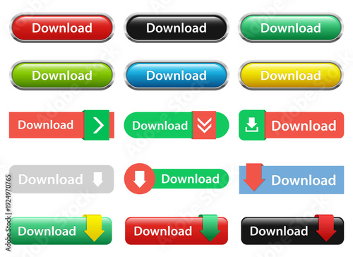 Assorted colorful download buttons with a variety of shapes and designs.