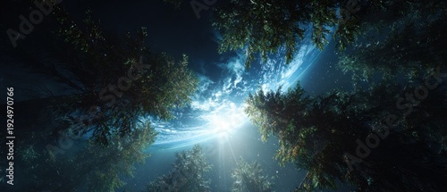 Wallpaper Mural Earth seen from a forest at night, with trees silhouetted against the glowing blue planet and stars in the sky. Torontodigital.ca