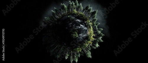 Wallpaper Mural A dark, moody globe with dense forests and skyscrapers emerging from its surface, symbolizing the intersection of nature and urbanization. Torontodigital.ca