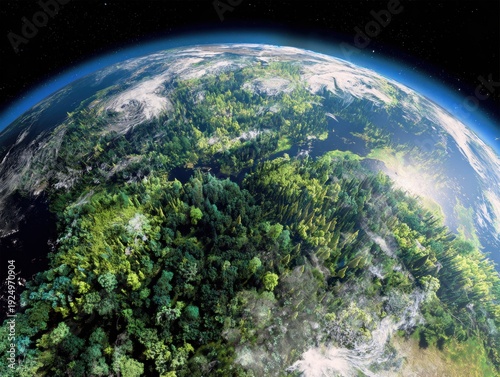 Wallpaper Mural A vibrant view of Earth from space showcasing lush green forests, clouds, and the curvature of the planet under a starry sky. Torontodigital.ca