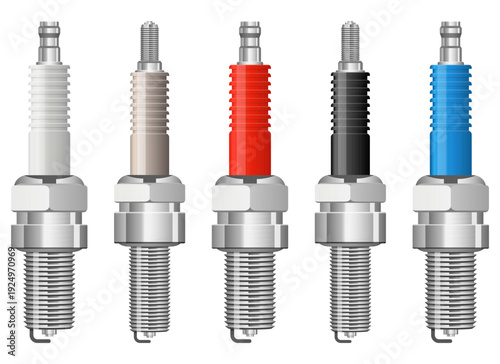 Array of colorful spark plugs for internal combustion engine repair services