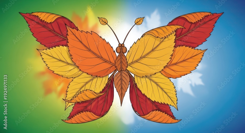 Fototapeta premium Autumnal metamorphosis a captivating butterfly crafted from vibrant fall foliage elements