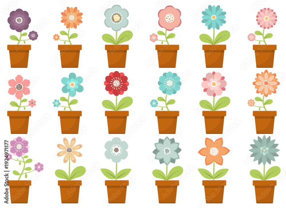 Fototapeta premium Colorful flowerpot collection displayed in a garden illustration backdrop.