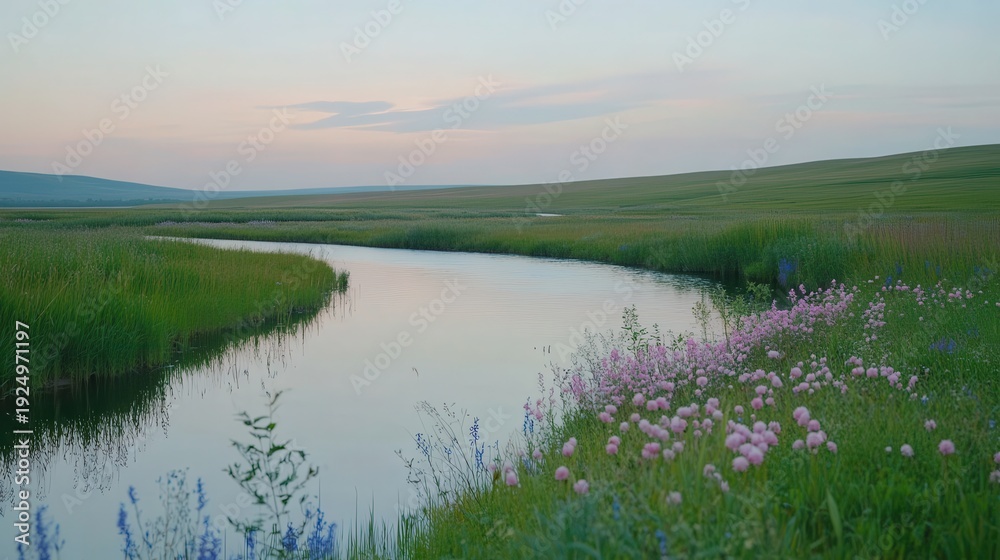 Obraz premium Serene river landscape with pink flowers and rolling green hills under pastel sky