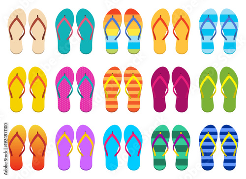 Colorful assorted flip-flops pairs arranged in neat rows on white backdrop.