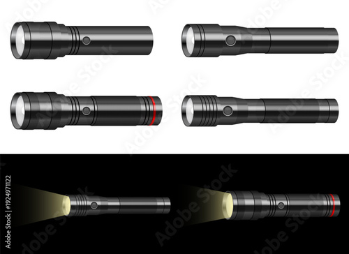 Four flashlight illustrations, two emitting light, against white and black