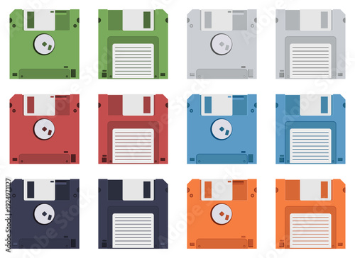 Assortment of colorful floppy disk icons arranged on a white background