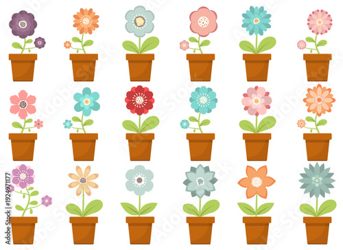Colorful flowerpot collection displayed in a garden illustration backdrop.