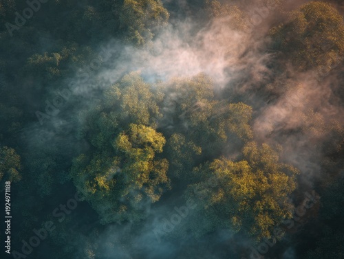 Wallpaper Mural Aerial view of a dense forest with sunlight filtering through mist, creating a mystical and serene atmosphere. Torontodigital.ca