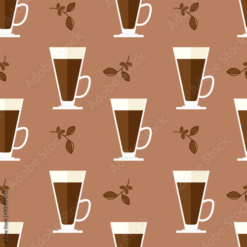 Coffee drink Latte glasses pattern, warm brown coffee background with tall glasses and coffee beans. Coffee time.