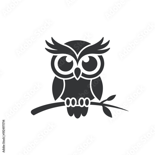 A stylish black and white illustration of an owl perched on a branch isolated on white background, Vector, illustration