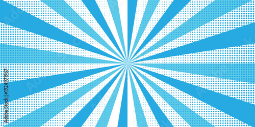 Vector sunburst pattern blue halftone design. Vintage paper sunrays illustration. sun beam vector banner design comic burst wallpaper.