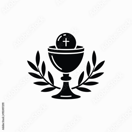 Sacred chalice with host and laurel wreath symbolizing communion and faith isolated on white background, Vector, illustration