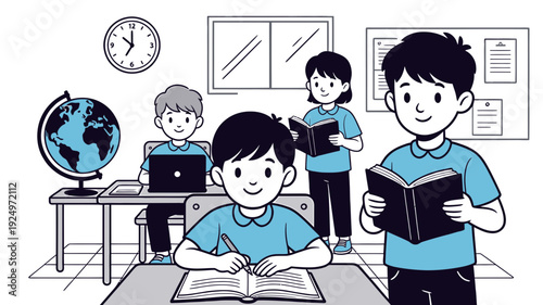 Students Studying in a Classroom vector illustration