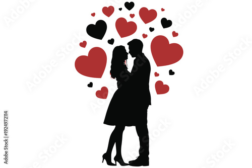 Couple sharing a romantic moment surrounded by floating hearts isolated on white background, Vector, illustration