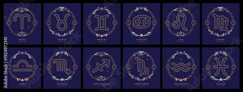 Set of magic witchcraft astrology zodiac signs with decorative floral frames. Vector illustration