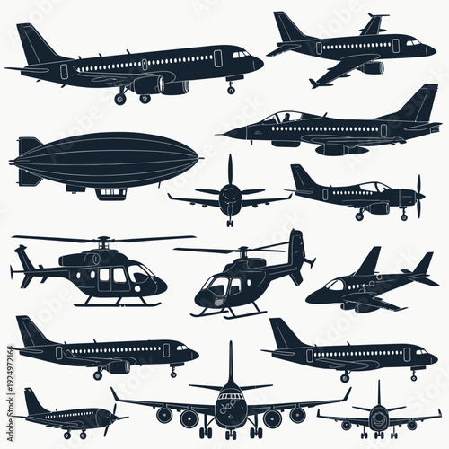 Airplanes and Helicopters Silhouettes vector illustration