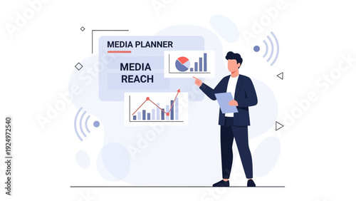 Media Planner presenting marketing strategy with charts and graphs