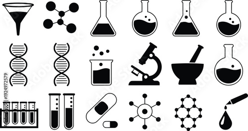 Diverse black silhouette icons illustrating scientific instruments, chemical containers, and biological structures on a white backdrop