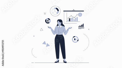 Woman Juggling Business Data Analytics Charts and Graphs