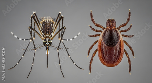 mosquito and tick side by side on neutral background comparison concept scientific educational style detailed insects concept pest control  