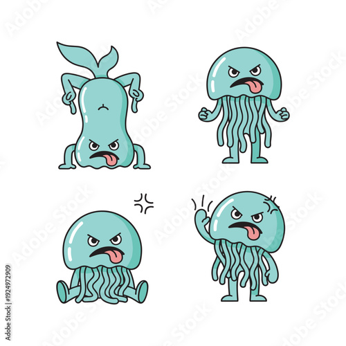 Angry cartoon jellyfish with different emotions and expressions on white background