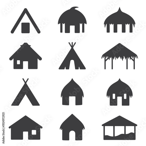 Diverse traditional and indigenous dwelling structures illustrated in silhouette isolated on white background, Vector, illustration