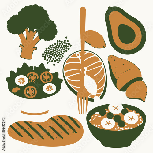 Set of Healthy Food Icons in Retro Style vector illustration