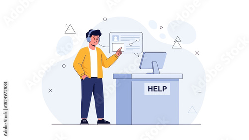 Customer Service Representative with Headset at Help Desk, Pointing at Computer Screen