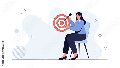 Businesswoman sitting on chair aiming arrow at target board, achieving goals