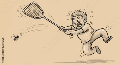 A humorous hand-drawn illustration of a panicked man jumping in the air to hit a buzzing housefly with a mesh swatter, featured on a textured tan paper background with motion lines.