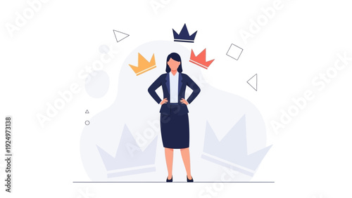 Businesswoman surrounded by crowns, symbolizing ambition and success