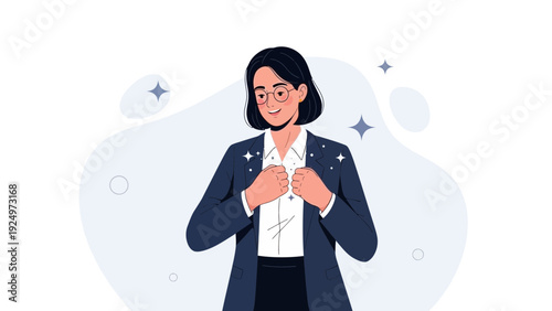 Confident Woman in Suit Celebrating Success, Empowered Professional, Sparkle Effect