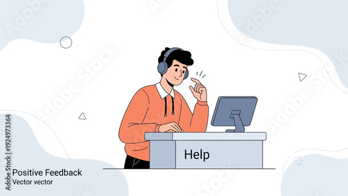 Customer service agent with headphones at computer, offering help and positive feedback