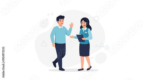 Customer Service Interaction: Man Waving at Woman with Headset and Clipboard