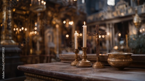 Calvary Golgotha site inside Church of Holy Sepulchre Jerusalem with candles and religious icons, editorial sacred Christian landmark, holy land pilgrimage, biblical heritage, Middle East tourism,