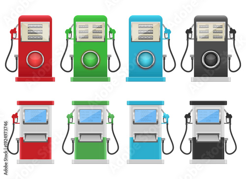 Collection of gas pumps in various colors, vintage and modern styles.