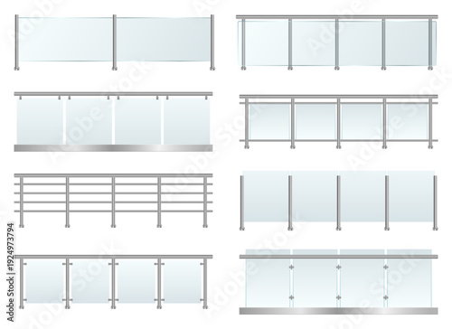 Different styles of railing for a balcony, stairs, or other architectural feature