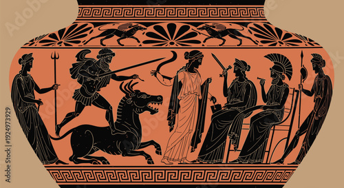 Ancient Greek vase, red-figure pottery, mythological scenes, terracotta urn