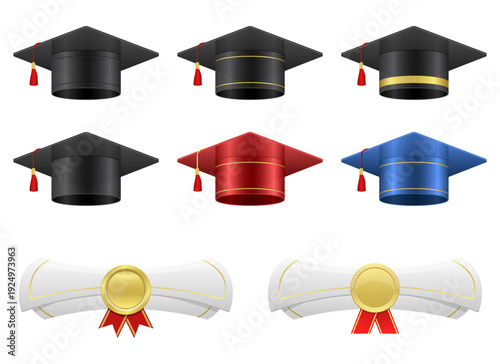 Graduation Caps and Diplomas in Various Colors for Educational Achievements