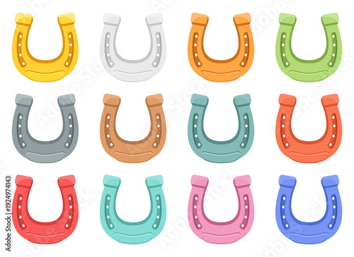 Colorful collection of horseshoes, symbols of luck and equestrian tradition.