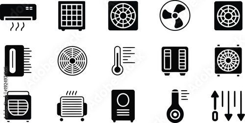 Fifteen modern black glyph icons depicting various air conditioning, heating, and ventilation devices