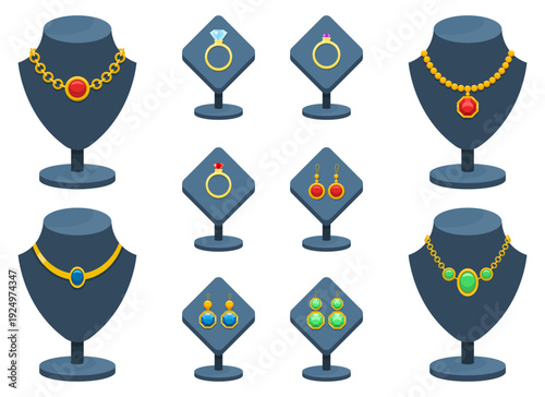 Jewelry display: Necklaces, rings, and earrings in an array of colors.