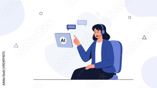 AI customer service agent with headset and laptop, chatbot technology illustration